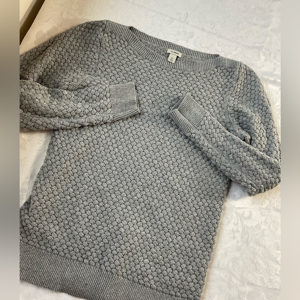 LL Bean Women Sweater Size Xsmall Cotton Long Sleeve Pullover Basket Weave Gray